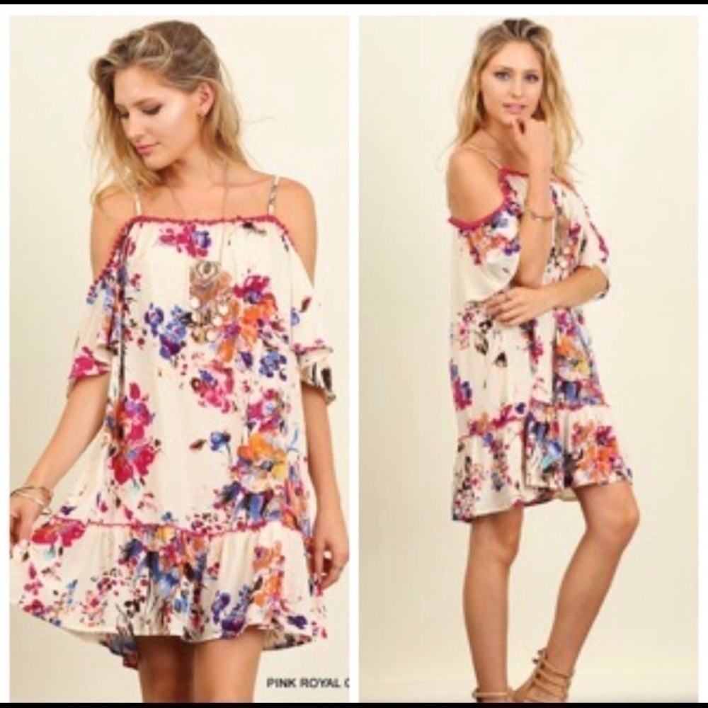 Floral Print Off Shoulder Dress with Pom Pom Trim